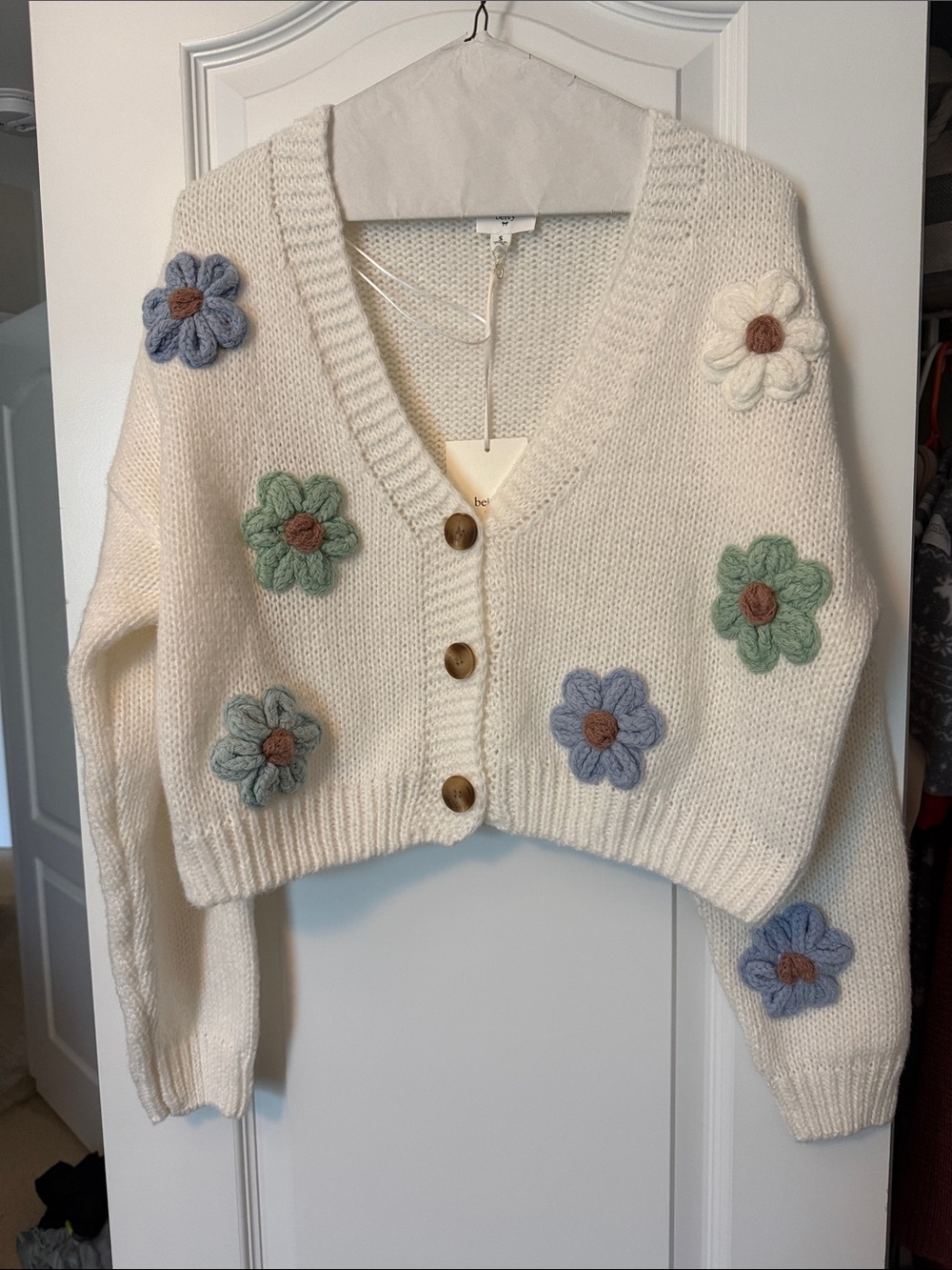 Ivory Floral Appliqué Knit Cardigan Sweater